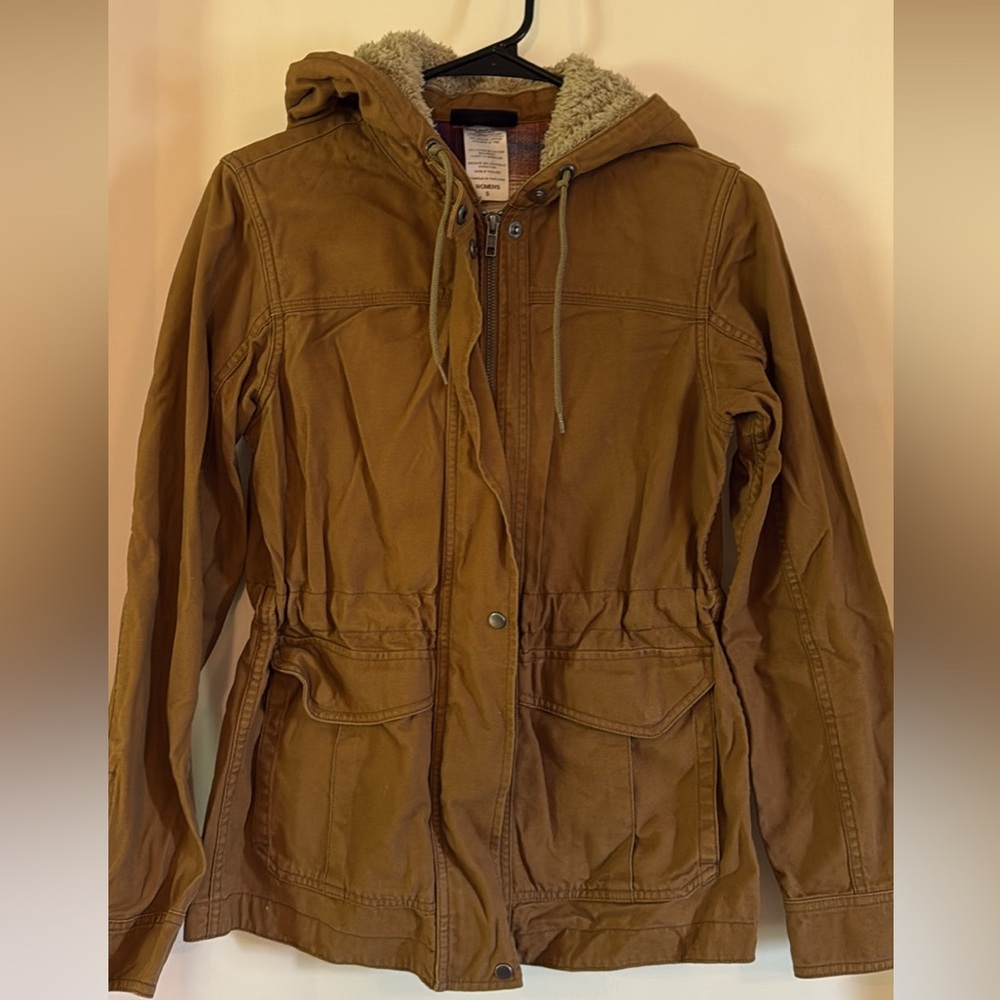 Patagonia Tan Utility Canvas Jacket with Sherpa Hood and Drawstring Waist